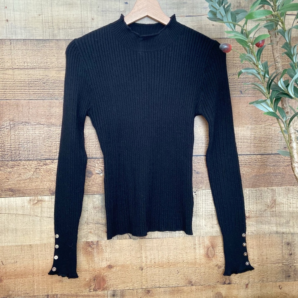 Sweater Mock Turtleneck Black Ribbed, Cable Knit Design Buttons on Each Wrist
